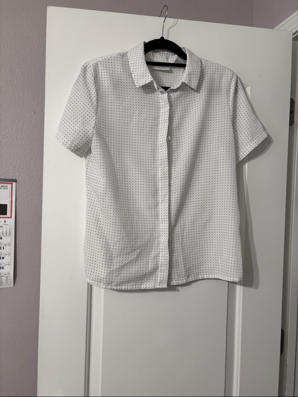 Jaclyn Smith White Short-Sleeve Button Front Blouse with Black Micro Dot Print